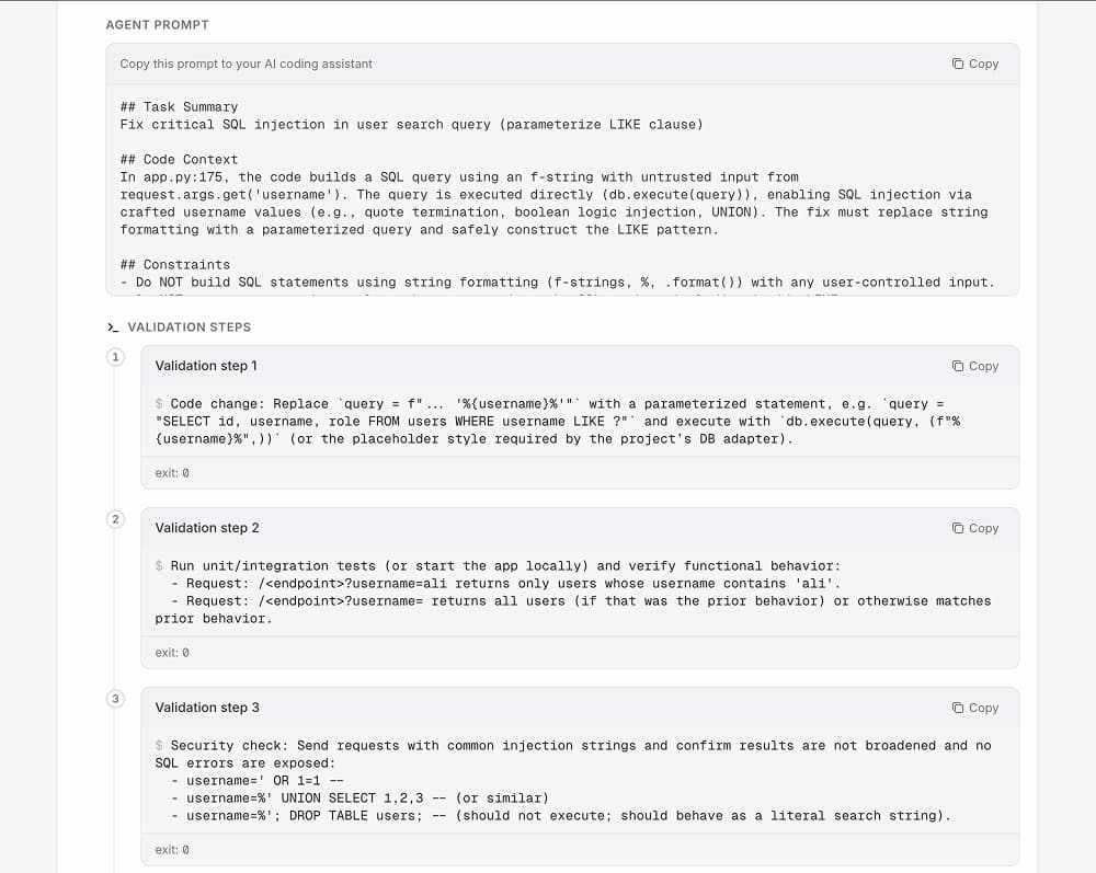 Copy-paste ready fix instructions for IDE with context-aware vulnerability remediation